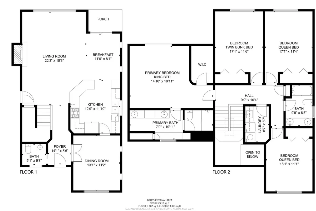 A wide-angle view featuring several key communal spaces: the living room, primary bedroom, kitchen, and dining room. The layout emphasizes the open floor plan, making it easy for groups to gather, cook, and dine together while still enjoying comfort and privacy.