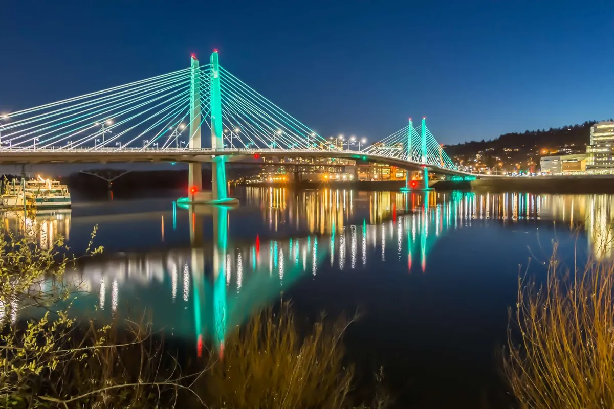 An exterior scene featuring a picturesque bridge over water, reflecting city lights in the evening. The tranquil yet vibrant atmosphere suggests a spot for scenic strolls, photography, or peaceful moments by the water.